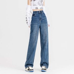 Hög midja breda ben jeans för kvinnors vinter 2024 Ny lös och bantning drapera små raka benmoppbyxor