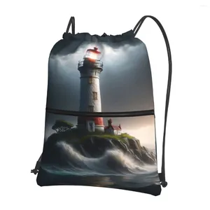 Backpack Lighthouse on the Ocean Backpacks Bolsa de cordão de tração de bolsas de bolso de pacote multifuncional para viajar Sport Man Woman