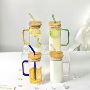 Mugs 400ML Square Mug With Lids And Straws Breakfast Milk Coffee Cup Handle Clear Glass Reusable Heat Resistant Drinkware