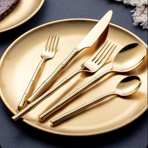 Geschirrsets 18/10 Besteckset Edelstahl Steak Messer Fork Gabel Bambus Design Golden Silver Flee Taray für 6