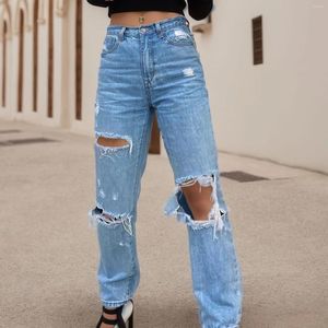 Kadınlar Kot High Wand Yırtık Vintage Baggy Moda Çok yönlü Yıkanmış Geniş Bacak Gevşek Düz Düz Denim Pantolon