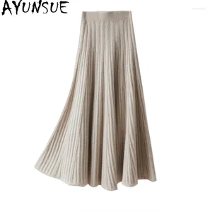 Skirts AYUNSUE Autumn Winter Real Wool Skirt Women's Knitted High Waist Cashmere Elegant Korean Fashion Jupe Longue Femme 1372