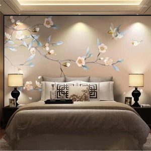 Bakgrundsbilder Wellyu Custom Wallpaper 3d Po Murals Elegant Peach Chinese Handmålade pennor blommor och fåglar TV-bakgrund Väggpapper