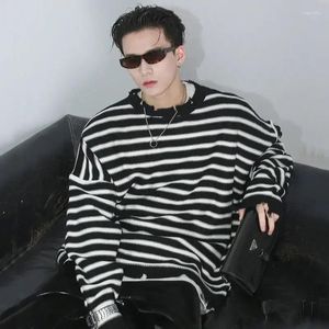 Men's Sweaters Man Clothes Y2k Streetwear Torn Knitted For Men Black Striped Pullovers Hippie With Holes 2024 Trend Overfit Mode Tops