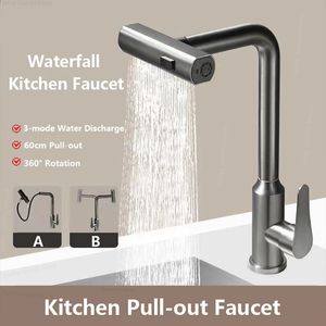 3 Mode Kitchen Faucets Pull Out Rotation Waterfall Stream Sprayer Head Sink Mixer Cold Single Hole Wash Tap 240325