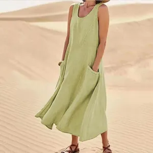 Casual Dresses 2024 Solid Color Long Dress for Women Summer O-Neck ärmlösa maxi kvinnliga fickor Löst semesteruppmaning
