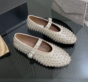 Top -Version Frauen echte Leder formale Schuhe modische Kristall Diamant Mesh Sexy Sandalen Innen im Innenraum Leichtgewichtiger Park Freizeit flache Tanzschuhe mit Schachtel