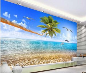 Duvar Kağıtları Güzel Sea Beach View Coconut Tree Love Dolphin TV Zemin 3D Duvar Resmi Oturma Odası İçin Duvar Kağıdı