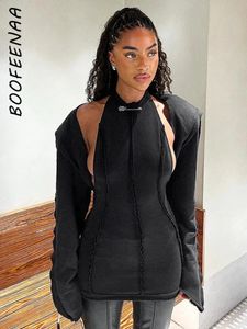 BOOFEENAA Black 2 Piece Suits for Women Long Sleeve Cardigan and Halter Mini Dress Sets Sexy Clubwear Outfit C85EZ45 240401