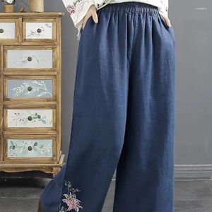 Frauenhose Literarische und künstlerische chinesische Stil Retro schwere Stickerei Frühling Tasche Lose Baumwollwäsche gerade Rohr