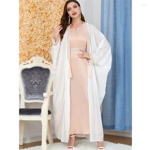 Ubranie etniczne 2 -częściowy zestaw kaftan muzułmańska długa sukienka maxi kobiety białe batwing otwarte abaya satynowe slip imprezowy garnitur Dubai Turkish skromny kaftan