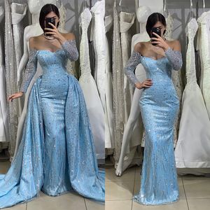 Classic Evening Dresses Long Sleeves Sequins Off Shoulder Plus Size Detachable Train Prom Gown Formal Custom Made vestidos