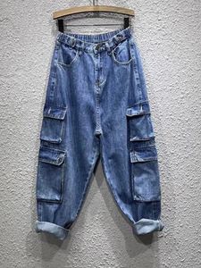 Women's Jeans Vintage Fall 2024 Cargo Pants Elastic High Waist Loose Multi-pocket Daddy Female Denim Ankle-length