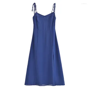 Casual Dresses Yenkye Summer 2024 Elegant Dark Blue Women's Dress French Vintage Slim Spaghetti Stems Sexig Slit Hem Tube Top Party Tobe Tobe