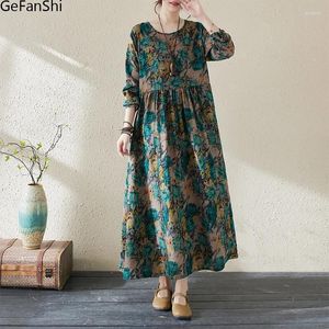 Casual Dresses Spring Summer Long Sleeve Print Cotton Linen Women Fashion Loose Holiday Dress Robe Elegant Ladies Clothing