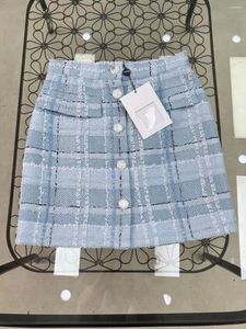 Saias de lã feminina Tweed Salia curta A-Sub Blue Plaid