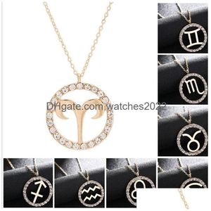 Colares pendentes 12 colar de constelação de zodíaco Cadeia de ouro Virgo Libra Scorpio Sagitário Capricórnio Iced Out Circle Diamond Gift J Dh8bk