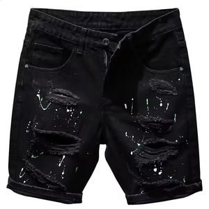 Verão masculino shorts de jeans pretos moda elástica lavável Slim Fit Five Point Middle Jeans Shorts 240329