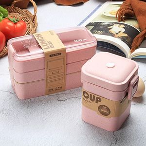 Caixa de sopa de 600 ml 900 ml 3 camadas lancheira Bento Comida Recipiente Eco-amigável Material de palha de trigo MicrowAvable Dinnerware lancheira