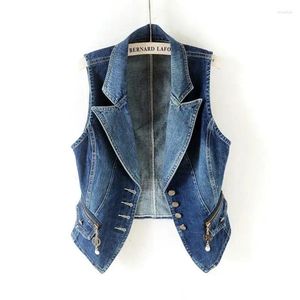 Kvinnors västar Spring Autumn Women Lapel denim Vest ärmlös beskuren jean västjacka med blixtlåsfickor