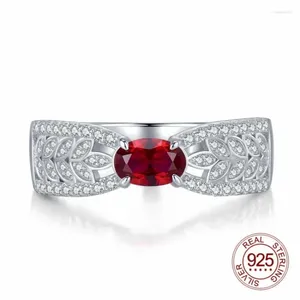 Cluster Rings Hollow Leaf Design 4x6mm Oval Shape Red Ruby Mirco Setting Cubic Zircon 925 Sterling Silver Finger Ring