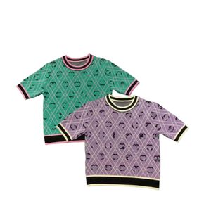 Women o-neck diamond plaid pattern logo jacquard knitted short sleeve desinger sweater tees SML