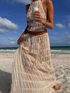 Summer Backless Ruched White Dress Set Sexy Halter Short Tops Fold Long Kjol 2 Piece Fashion Beach Outfits 240403