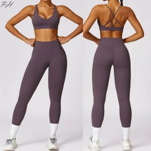 2pcs Fitness -Set Frauen atmungsaktives Fitnessstudio Yoga Sportswear Sexy Bra Top High Taille Leggings Anzug Purple Training Tracksuit 240402