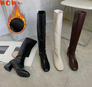 Walking Shoes Women Warm Long Boots Woman Knee High Booties Ladies Platform Thick Heel PU Leather Soft Zipper