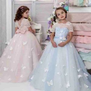 Dresses Beautiful Butterfly Flower Girls Dress Sqaure Neck Lace Appliques Bow Short Sleeve Girls Pageant Dresses Lovely Floor Length Birth