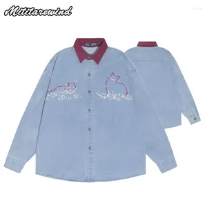 Men's Casual Shirts Vintage Denim Long Sleeve Youth Preppy Style Loose Clothing For Men And Women Red Collar Design Spring