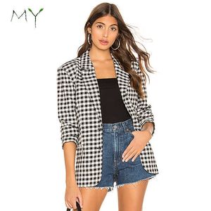 Blazer Gingham a manica lunga per donne donne casual elegante con cintura