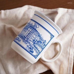 Canecas Blue Europeu e American American Architecture Personality Cerâmica Tarde Coffee Coffee Coffee Caneca Retro Style