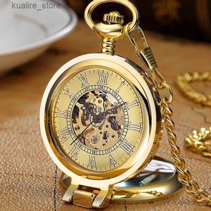 Pocket Watches Luxury Retro Golden Hollow Skeleton Mechanical Pocket Mens Fob Chain Steel Exquisite Sculpture Women Pocket Wath Gifs L240402