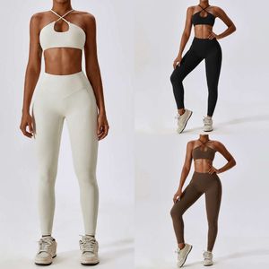 lu align align align sexy cross align bras tightutfits leggings set women nude Quick Dry Fitnessランニングスポーツスーツ新しいジムスポーツレジャージョギングスーツジョガーレモン女性LA