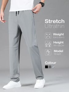 Summer Thin High Quality Casual Pants Men Straight Drawstring Elastic midje Elasticitet jogger utomhus Sweatpants Byxor Male 240402