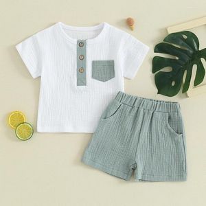 Clothing Sets Mandizy Cotton Linen Baby Boy Clothes Summer Short Sleeve Pocket Button T-Shirt Solid Color Shorts Set 2pcs Outfit