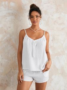 Hemkläder Kvinnor 2 -bitar pyjamas sätter vit ärmlös tie upp cami toppar breda benshorts kläder loungewear sömnkläder för casual dagligen