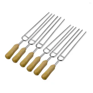 Tools 6pcs U-Shaped Stainless Steel Wooden Handle BBQ Skewers Barbecue Forks Shish Kebab