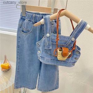 Trousers New Summer Girls Clothing Sets Pocket Buttons Street Denim Vest +Wide-g Pants Fashion Baby Kids Outfit Children Clothes Suits L46