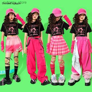 Pantaloni ragazze hip hop corto top pantaloni da carico adorabili bambini cortometri solidi set di vestiti streetwear per bambini plaid gonna da strada da ballo jazz costumi l46