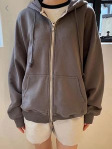 Kvinnors hoodies vintage solid lös zip-up hoodie kvinnor höst bomullsfickor långärmad y2k huvtröja med streetwear casual jackor