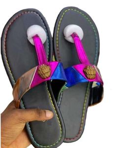 Högkvalitativ Kurt Geiger Flip Flops tofflor Womens Sandals Stitching Luxury Rainbow Slipper Designer Slides Flat Shoes Eagle Head Diamond Buckle Plus Fashion 4788