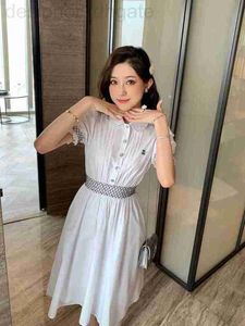 Basic & Casual Dresses designer 2023 Summer New Sweet Princess Heavy Industry Nail Diamond Flip Collar Bubble Sleeve Wrapped Waist Shirt Dress for Women ILSN