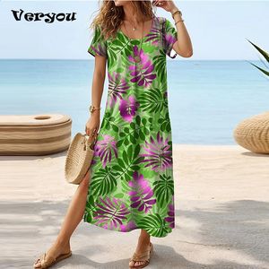 Vintage Print Long Dres Casual O Neck Split Up Flower Maxi Dresses For Women Loose Party Dress Boho 240326