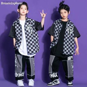 Trousers Boys Street Dance Plaid Shirt Joggers Girls Hip Hop Patchwork Cargo Pants Clothes Sets Kids Jazz Loose Outfits Child Streetwear L46