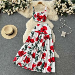 Piece Dress Two Summer Runway Sicily Floral Matching Outfits Women's Short Spaghetti Strap Crop Top Long Maxi Vacation Skirt 2 Set 2024 03