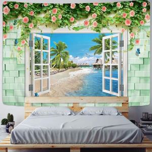 Tapestries Scenery Outside The Window Tapestry Flower Green Plant Wall Hanging Bohemian Art Home Decor Printing Carpet Yoga Mat