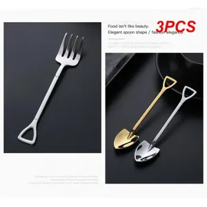 Dinnerware Sets 3PCS Creative -Grade Stainless Steel Coffee Ice Cream Spoons Shovel Shape Multi-Color Long Handle Fork Teaspoons Kitchen