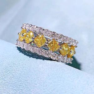 Cluster Rings S925 Silver High Carbon Diamond 4 Fat Square Synthetic Gemstone Ring for Vintage Wedding Women's SMYELTY